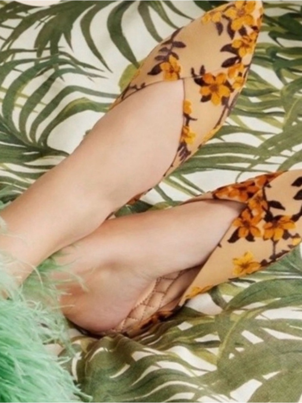 Birdies Floral Yellow Tan Pointed Mules